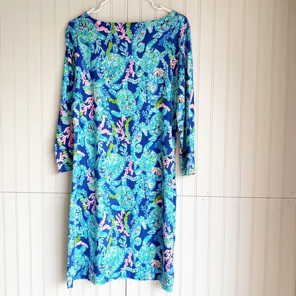 LILLY PULITZER Size L 3/4 Sleeves Sophie Dress in TURTLE VILLA Corsica Blue - Picture 2 of 5